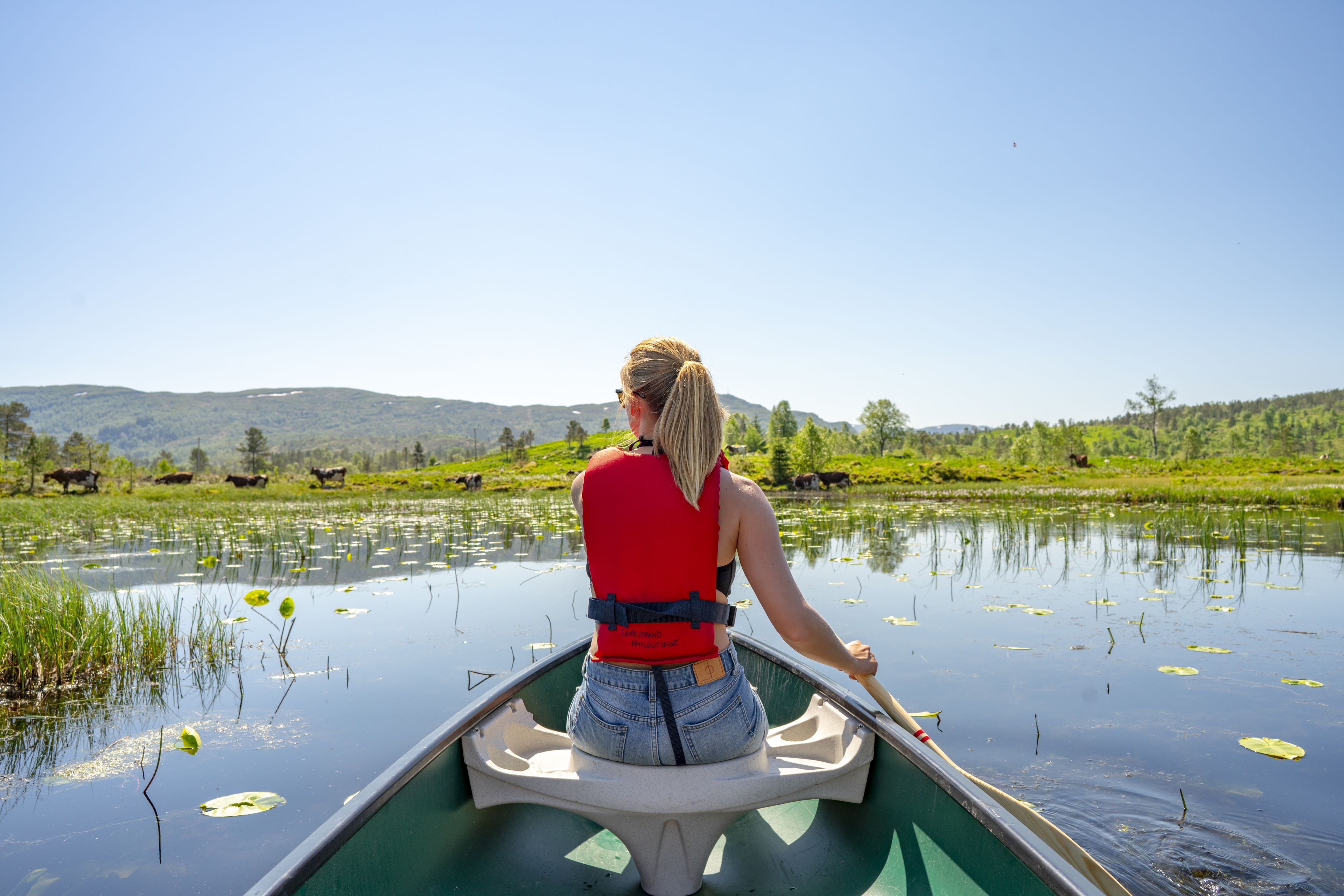 A person in a canoe on a calm lake with mountains in the background.