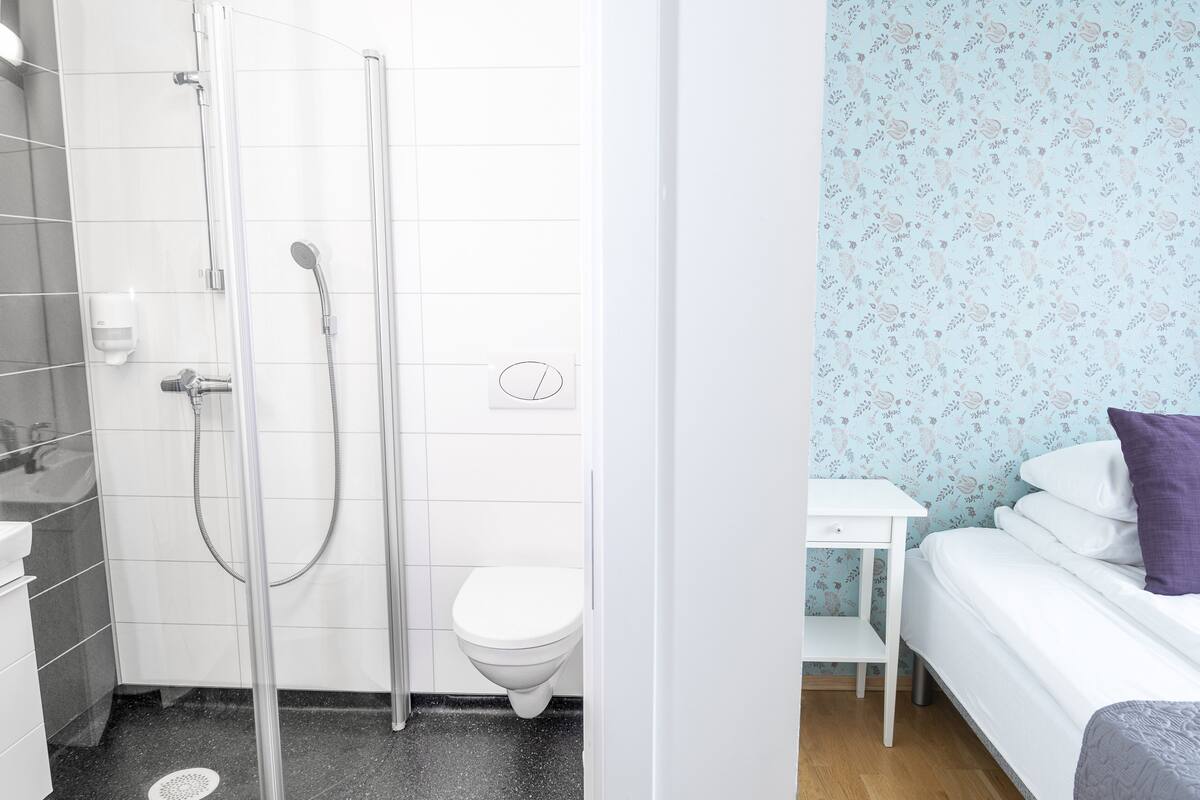 Un bagno con doccia, WC e un letto con comodino.