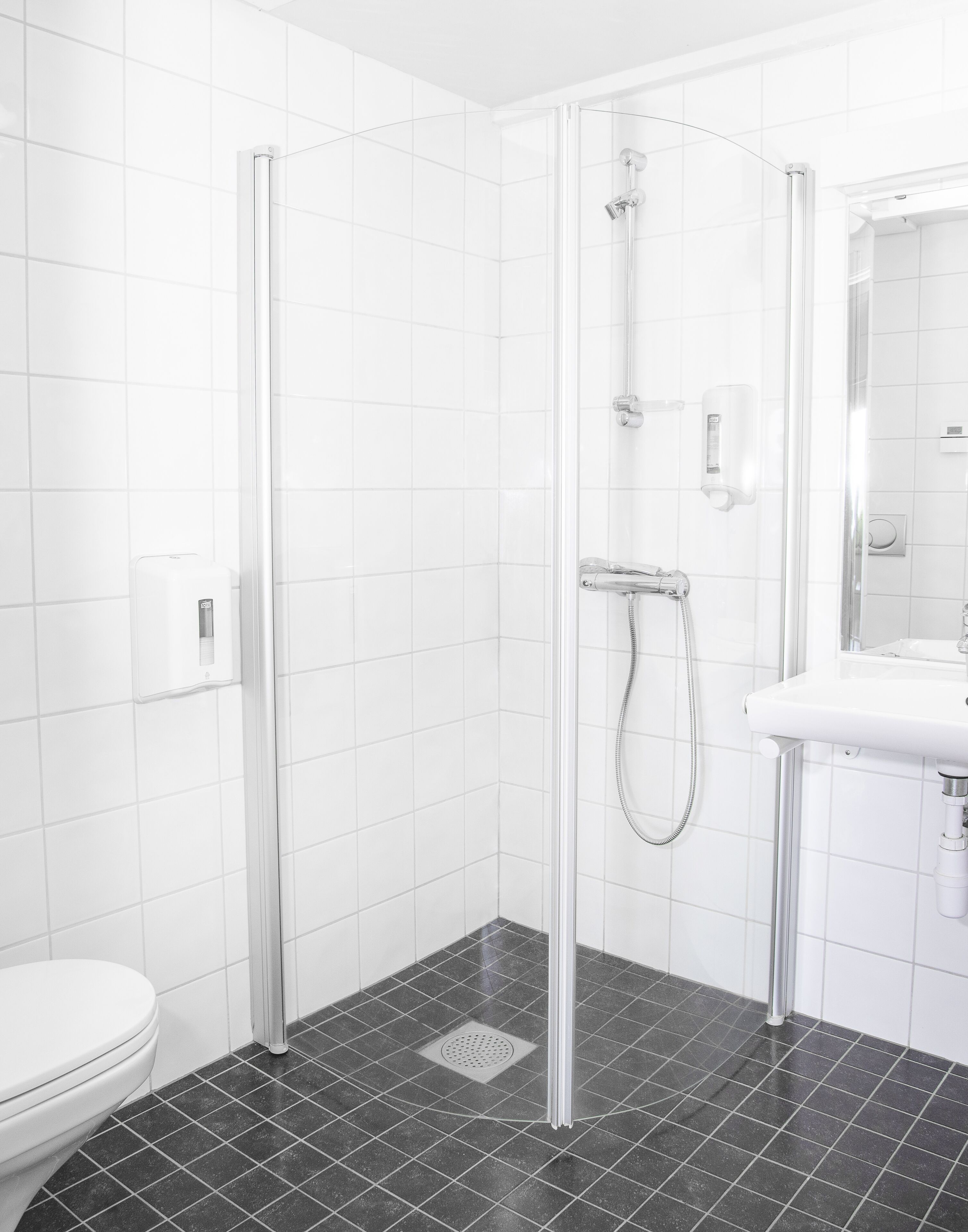 Une salle de bain moderne avec une douche à parois de verre, un lavabo blanc et des toilettes.