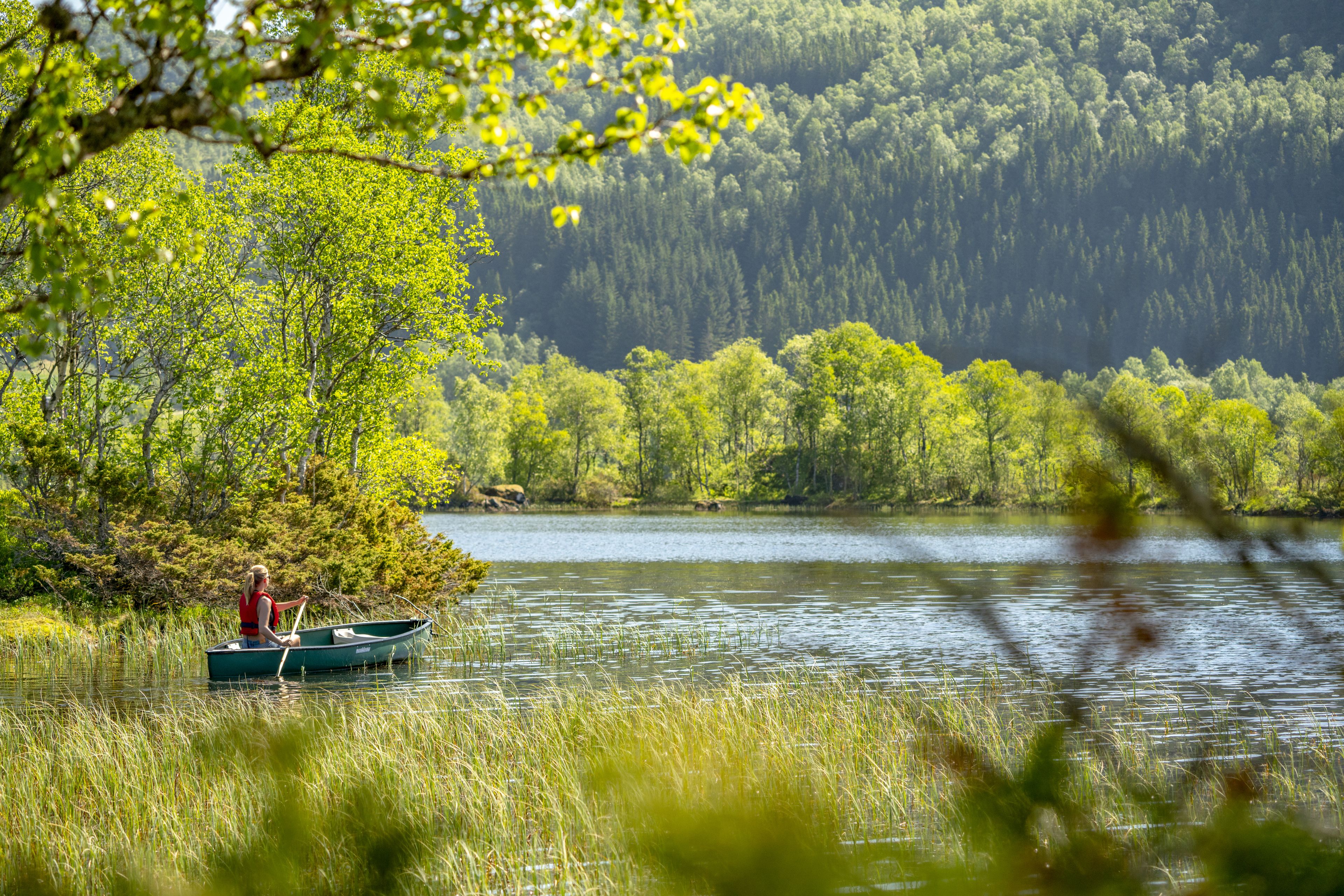 Ein ruhiger See mit einem Boot und einem bewaldeten Hügel im Hintergrund.