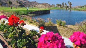 A golf course with a lake, mountains, and colorful flowers in the foreground. - Hotel Playa Terreros by Blossom Hotels (Pulpi)