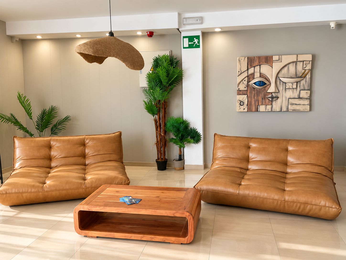 Een moderne lobby met twee leren banken, een houten salontafel en een groot abstract schilderij aan de muur.