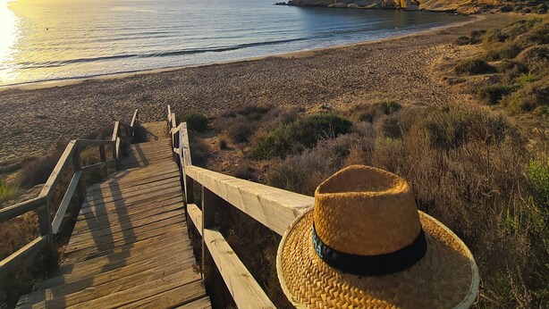 A wooden boardwalk leading to a beach with a straw hat placed on a railing. - Hotel Playa Terreros by Blossom Hotels (Pulpi)
