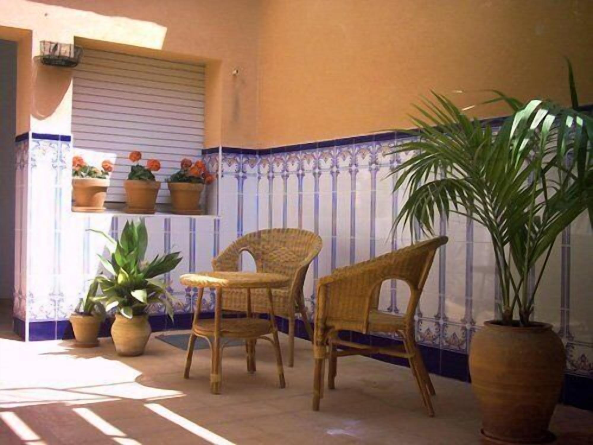 A patio with wicker chairs and potted plants, a tiled wall with blue and white patterns, and a window with blinds.