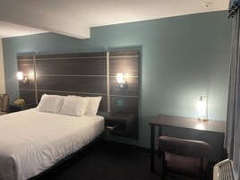 Una habitación de hotel con cama, mesitas de noche, escritorio y una silla.