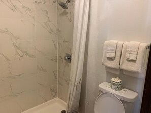 Shower, free toiletries, towels
