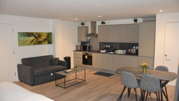 A modern apartment with a living area, kitchenette, and dining space.