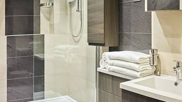 Shower, hair dryer, towels