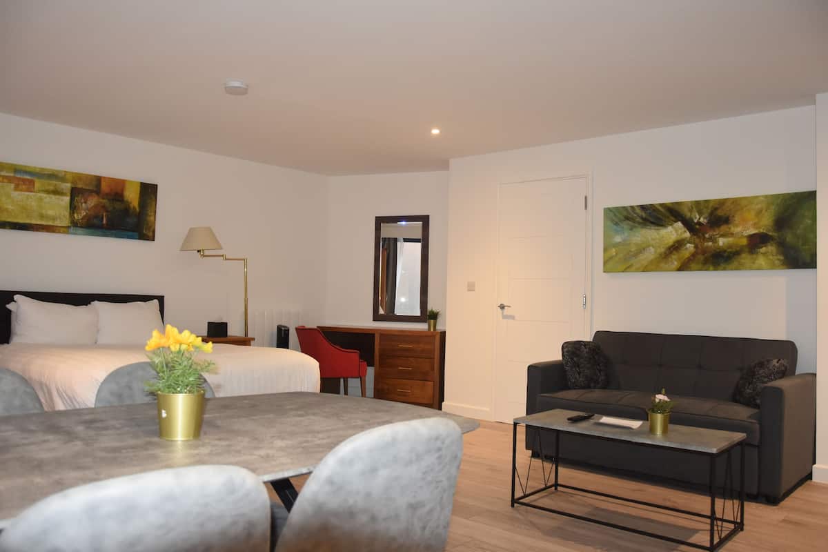 Superior One Bedroom Studio | 1 多间卧室、防过敏的被褥、办公桌、笔记本电脑工作区