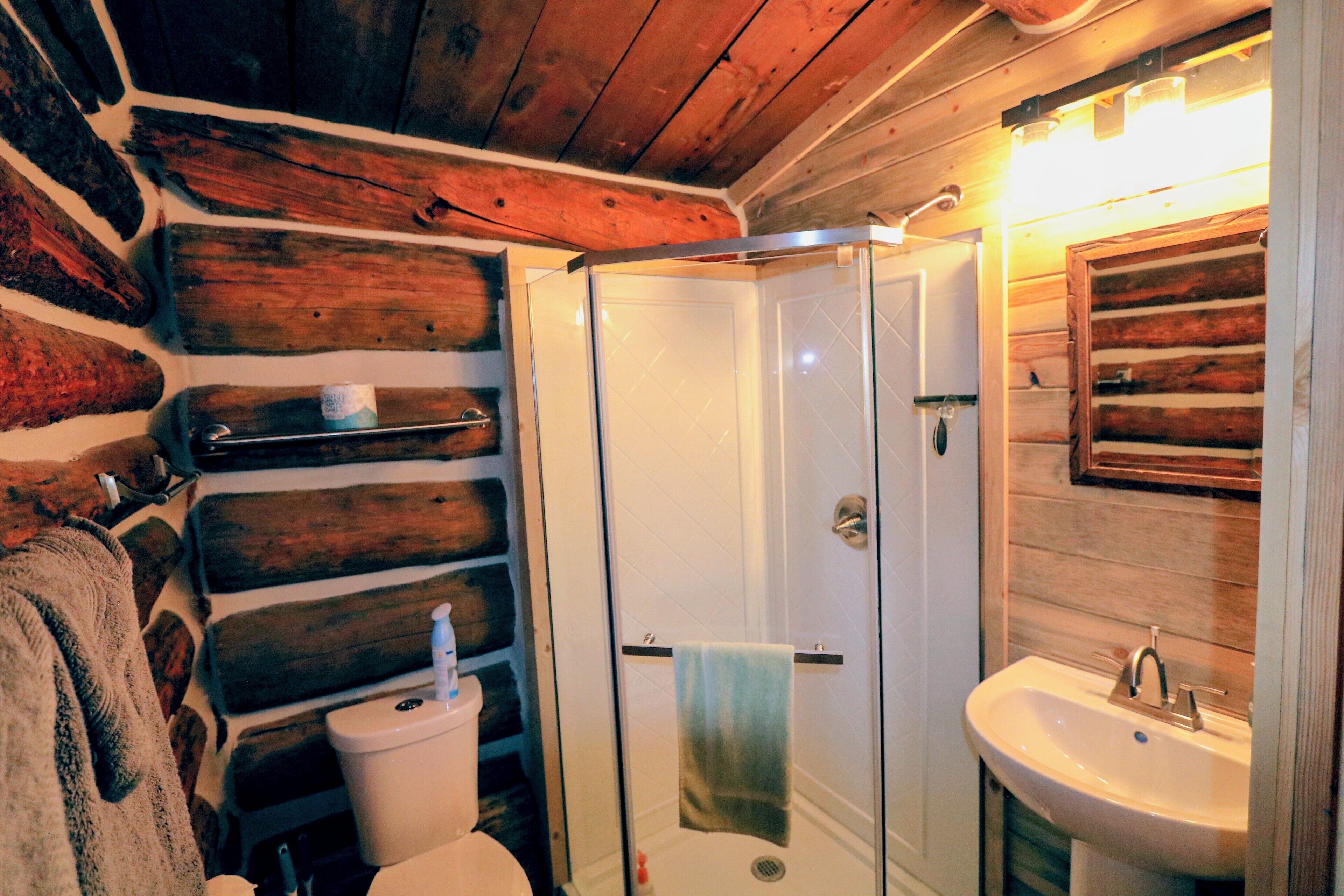A bathroom with a wooden log wall, a glass shower enclosure, a toilet, and a sink.