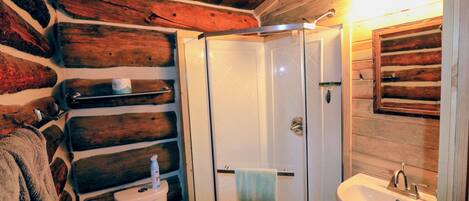 A bathroom with a wooden log wall, a glass shower enclosure, a toilet, and a sink.