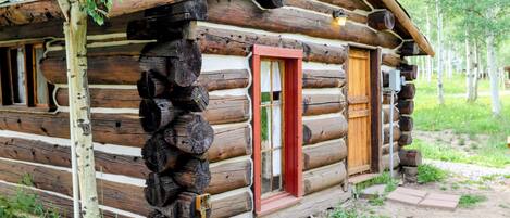 Una cabana de fusta amb porta vermella i finestres, envoltada d'arbres.