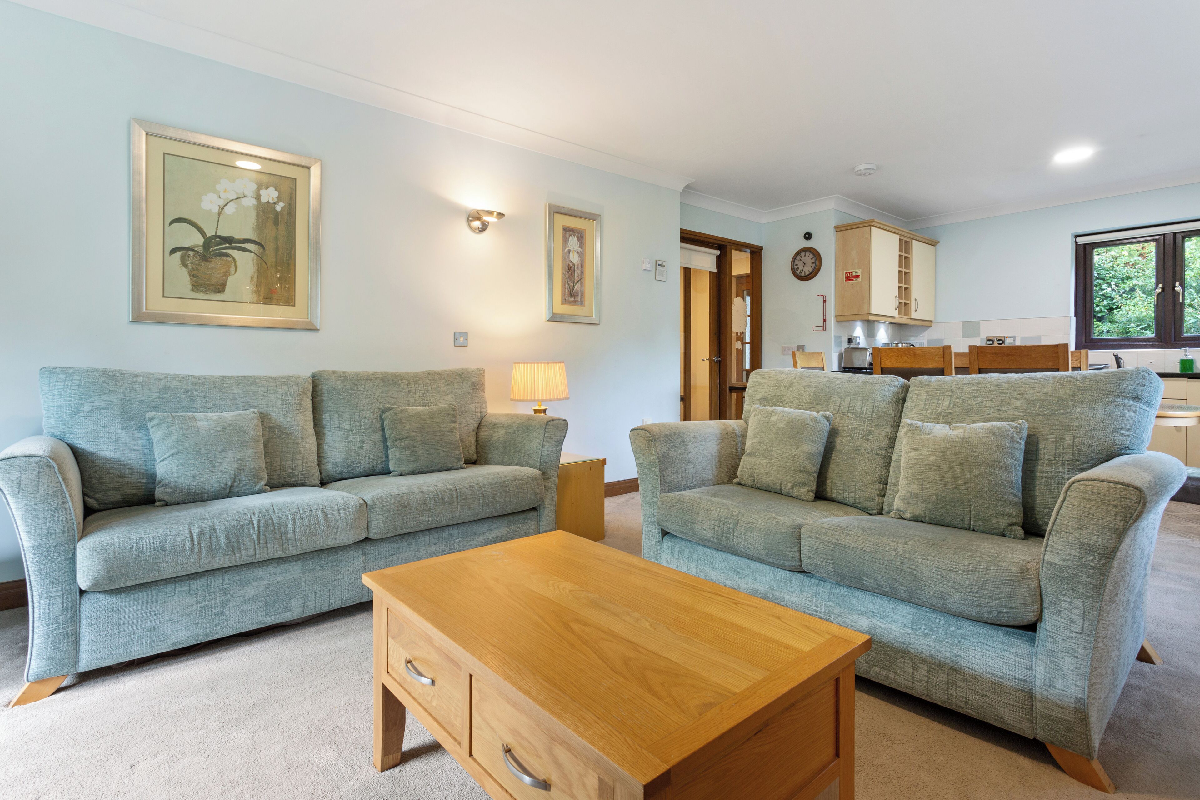 A living room with two light blue sofas, a wooden coffee table, and a kitchen area in the background.
