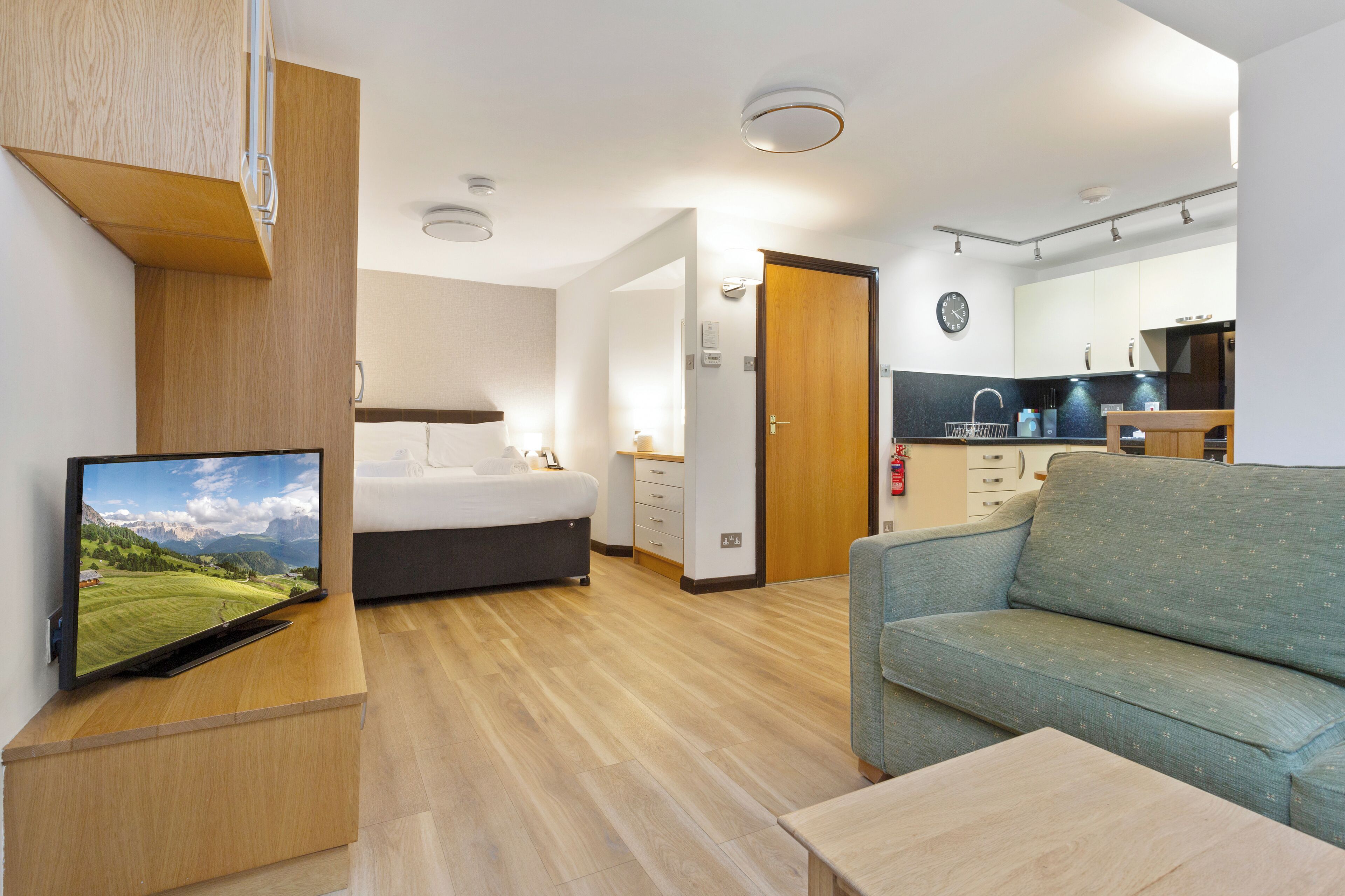Una sala de estar moderna con una televisión de pantalla plana, un sofá, una cama y una cocina con un lavamanos y armarios.