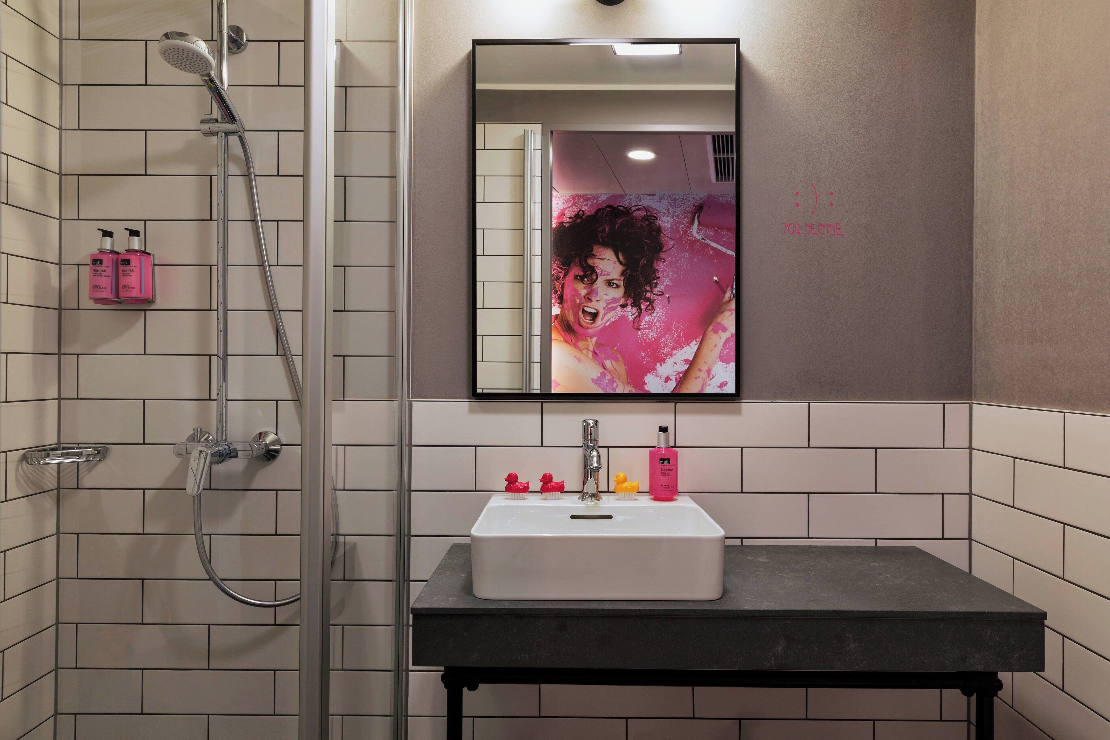 shower, rainfall showerhead, hair dryer, towels