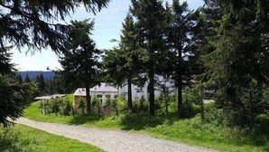 A gravel path leading to a white building surrounded by dense evergreen trees. - Fichtelberghütte (Oberwiesenthal)
