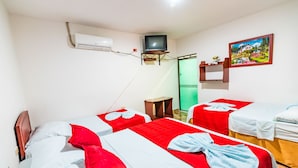 A hotel room with two beds, a television, an air conditioner, a painting, and a small table with a vase. - Hotel Villa Deicer (Villavieja)