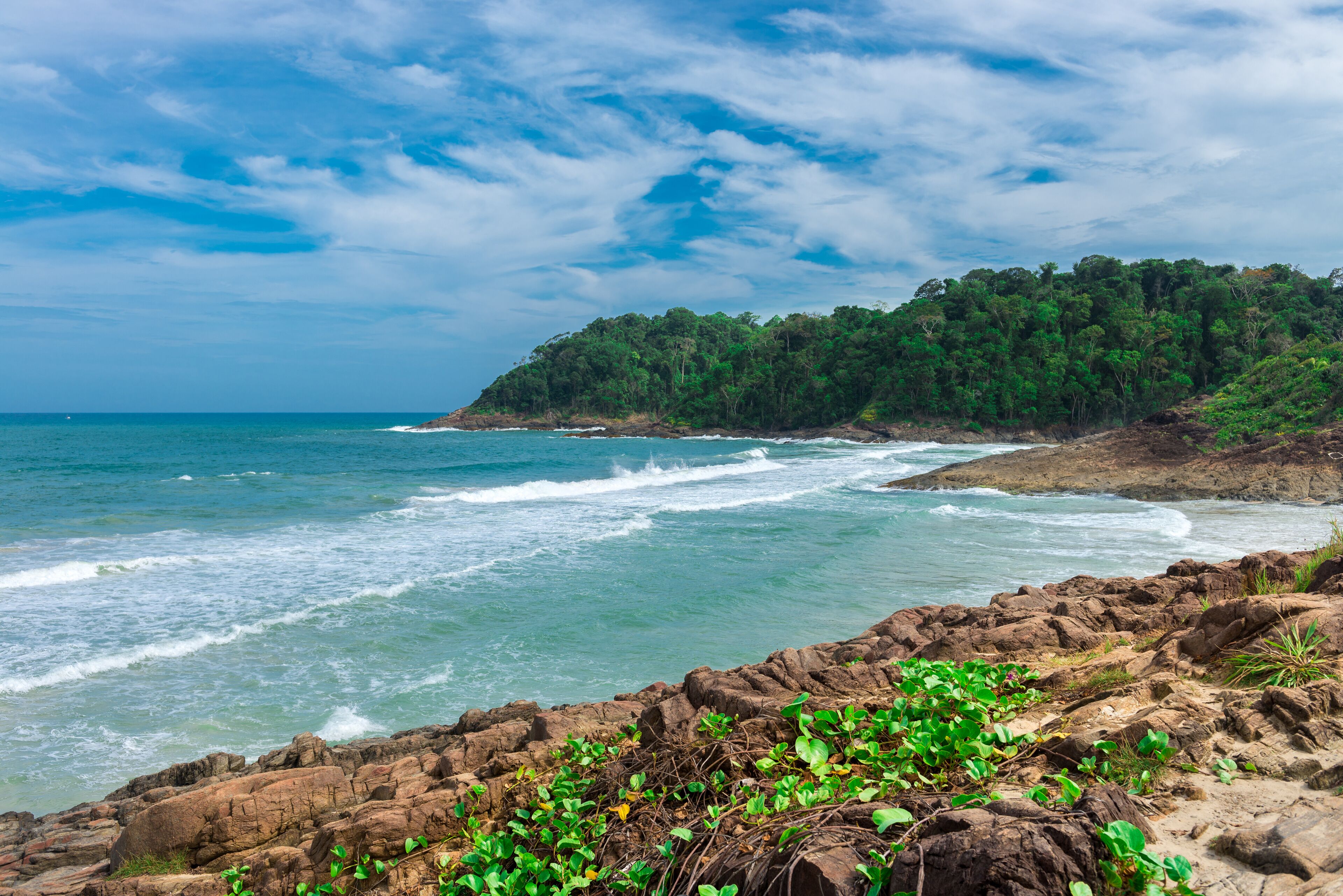 A coastal landscape with rocky terrain and dense green foliage.