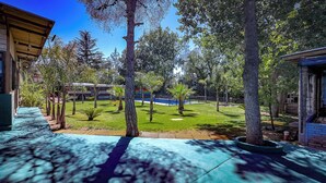 Une cour avec une piscine, des arbres et un autobus en arrière-plan.