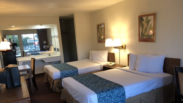Ett hotellrum med två sängar, ett skrivbord, en stol, en lampa och en tavla på väggen.