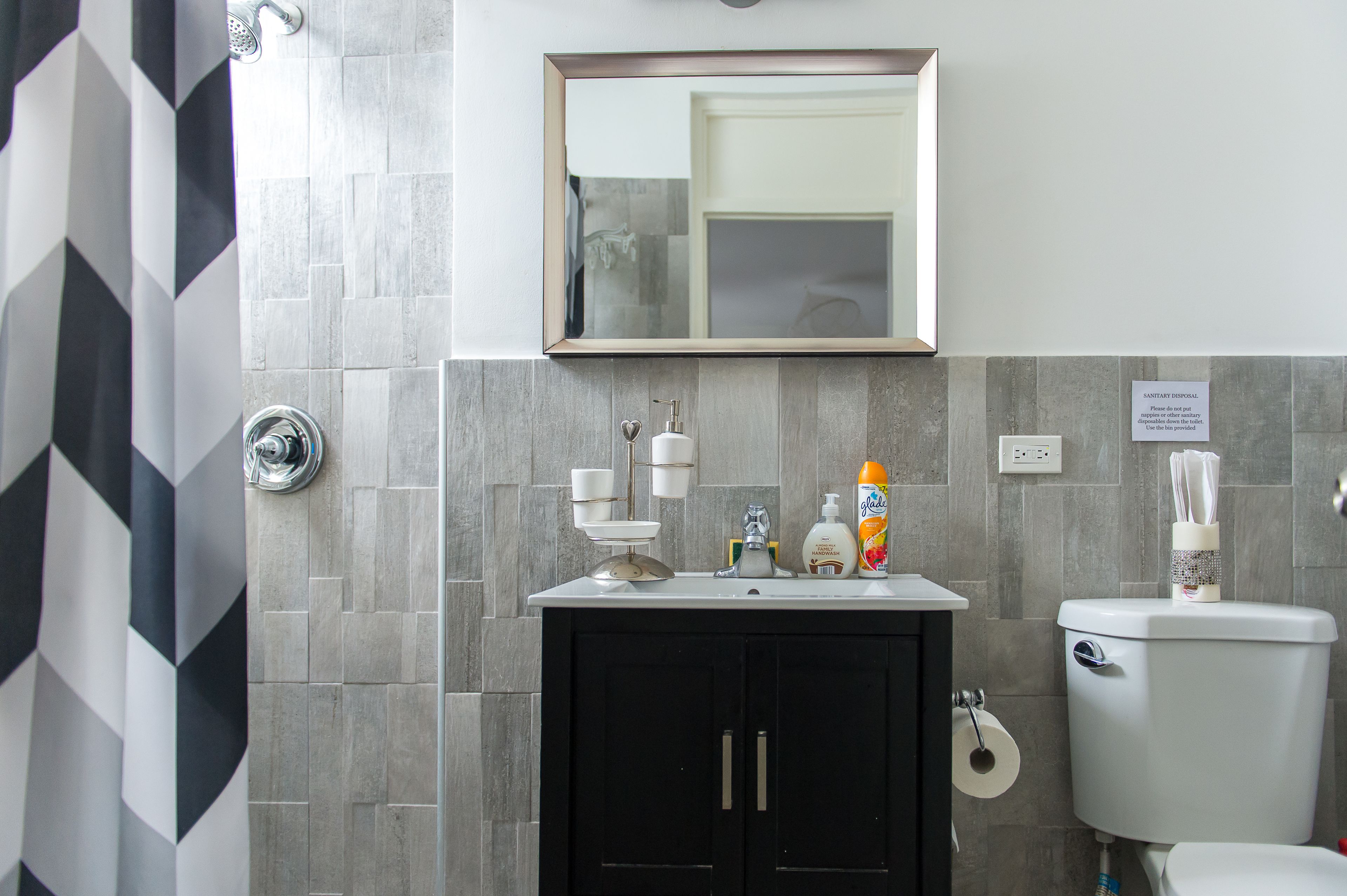 Un baño con ducha, lavamanos con artículos de aseo, inodoro y espejo.