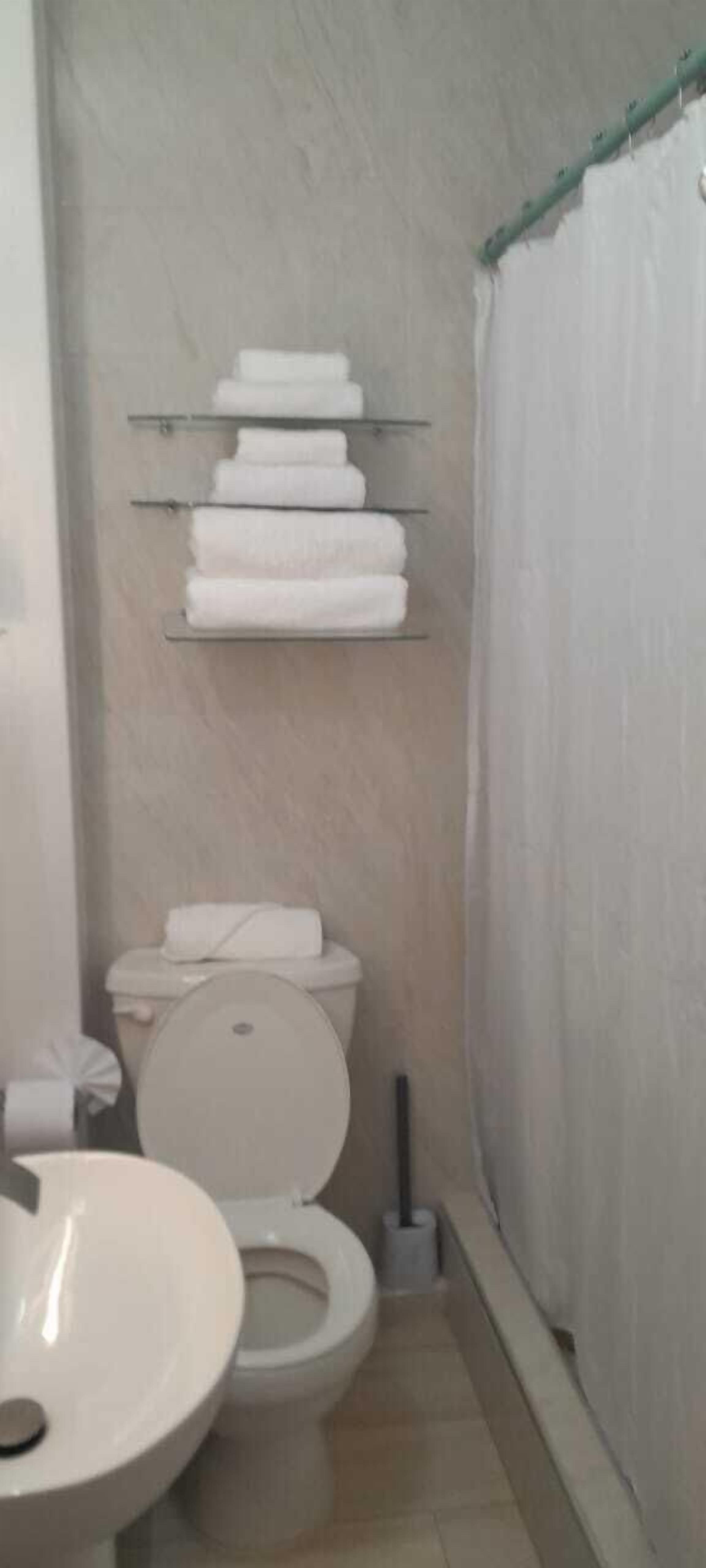A small bathroom with a toilet, a sink, and a shelf with folded towels.