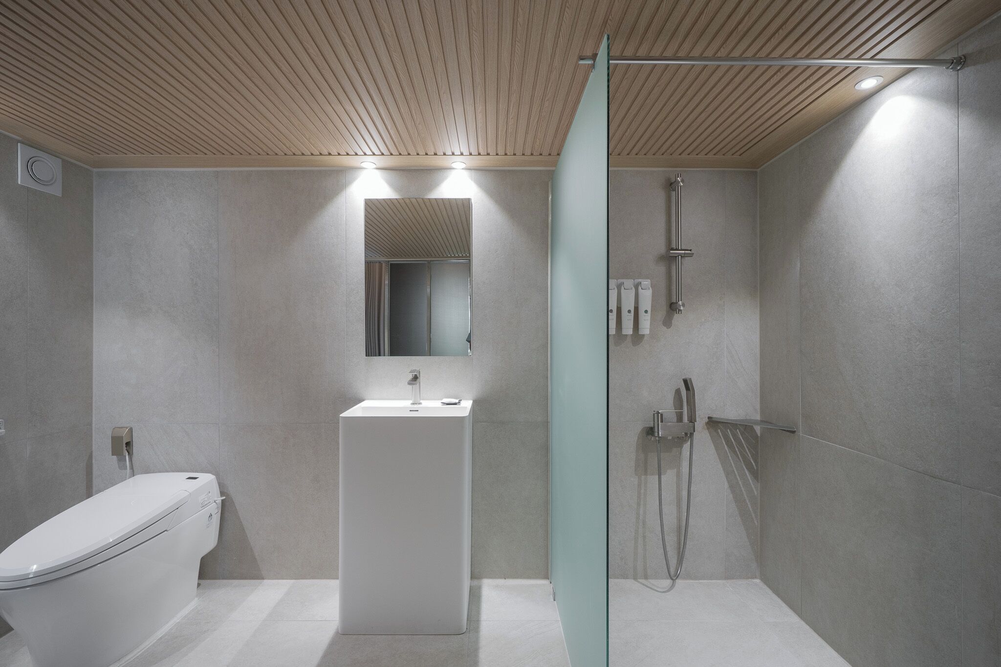 A modern bathroom with a toilet, sink, and shower area.