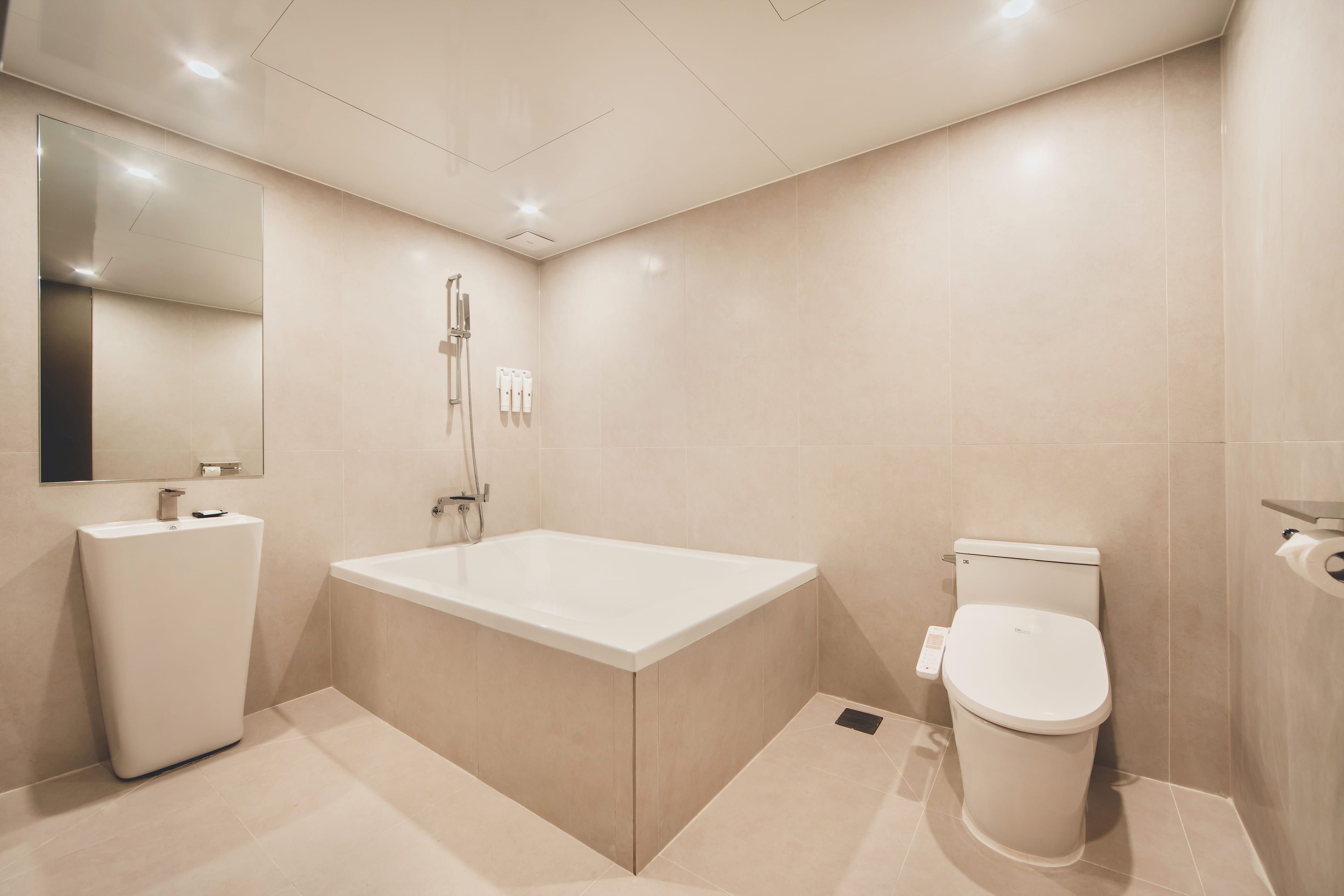 Une salle de bain moderne avec une baignoire, des toilettes et un miroir.