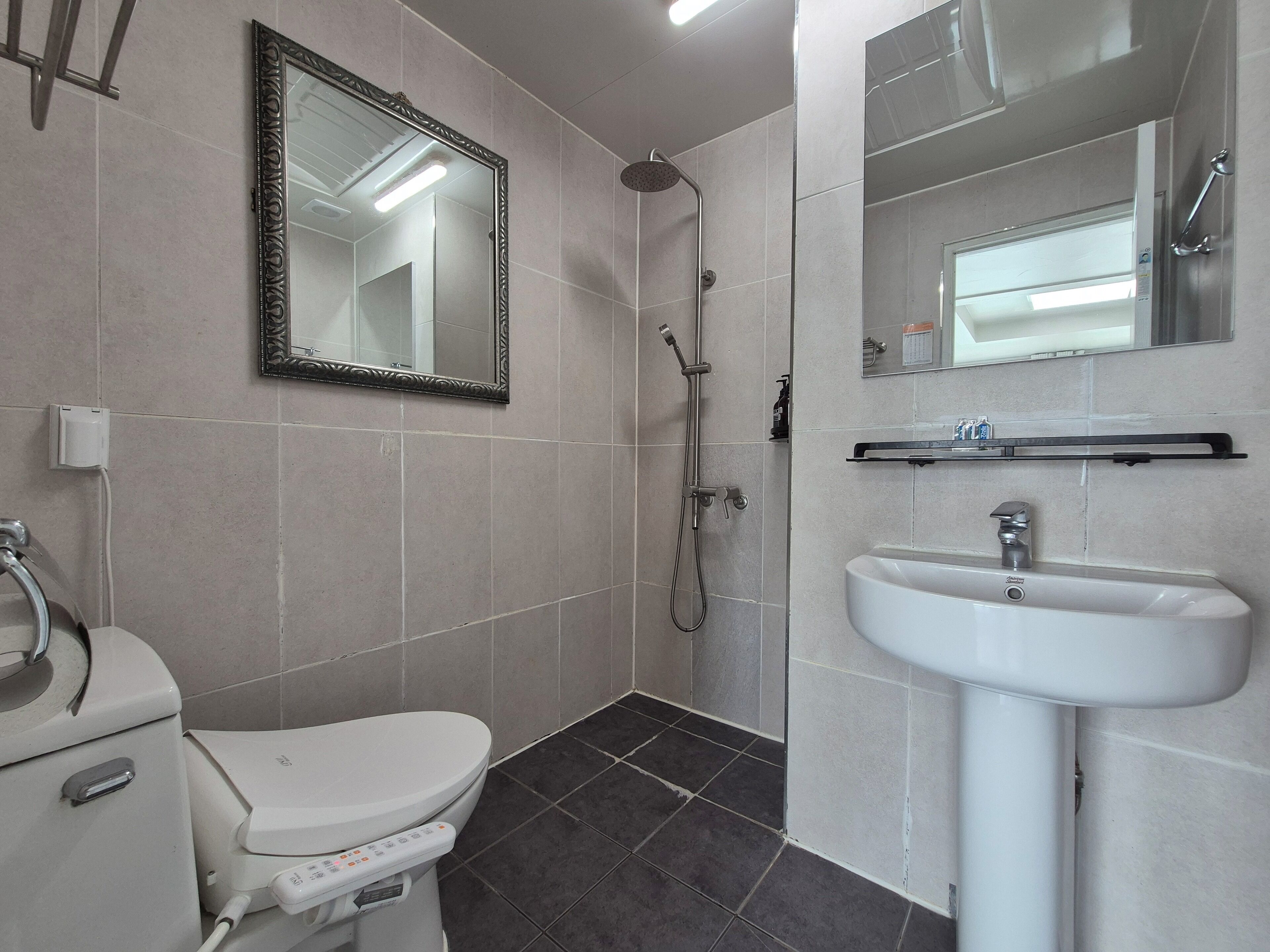 Un baño con inodoro, lavabo, ducha y espejo.