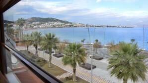 Vista costera con un camino pavimentado, palmeras y un pueblo distante junto al mar.