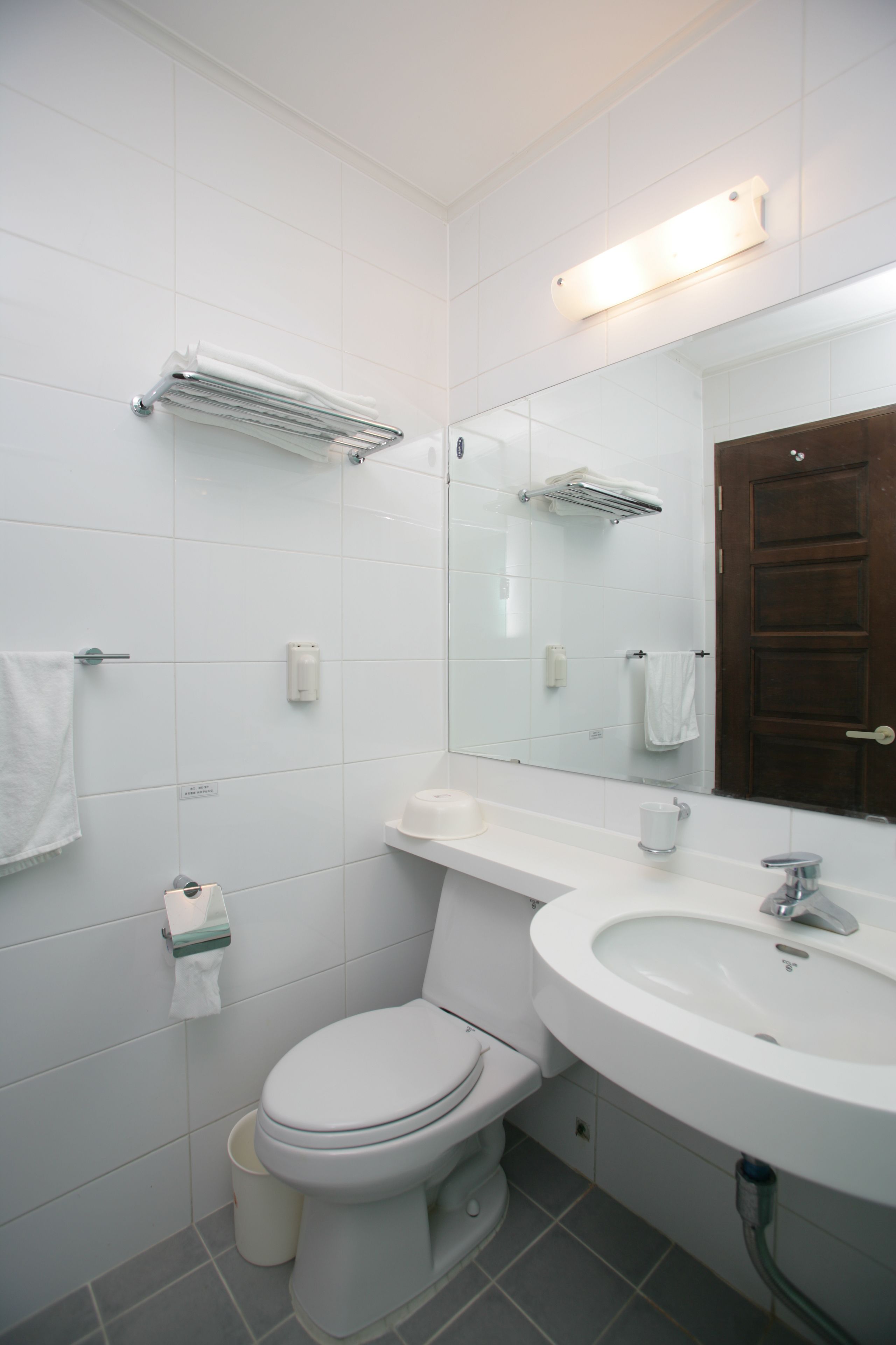 A modern bathroom with a toilet, sink, and mirror. There are towel racks and a trash can.