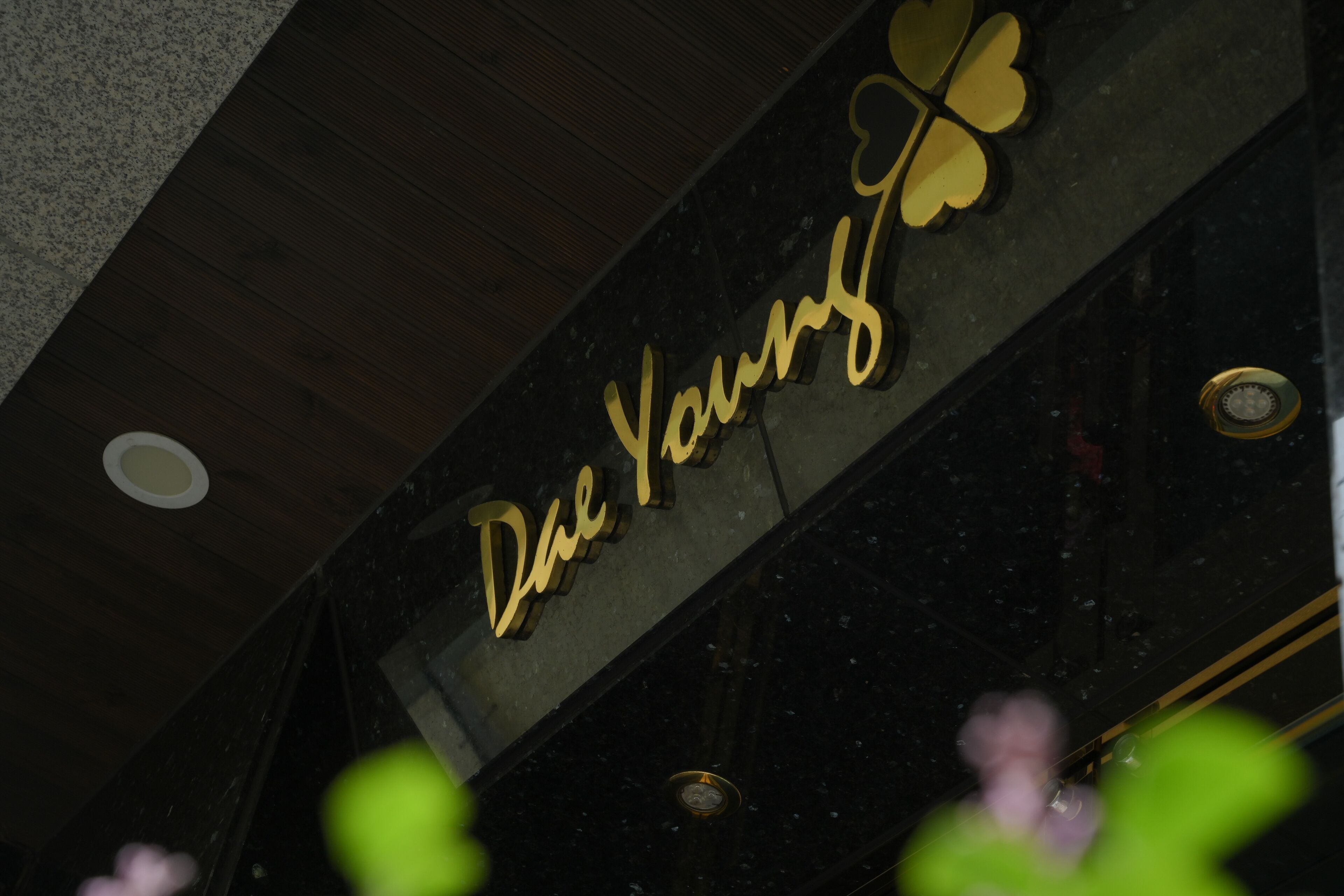 A sign with the text "Dae Yans" in a stylized font, mounted on a dark wall with a geometric pattern.