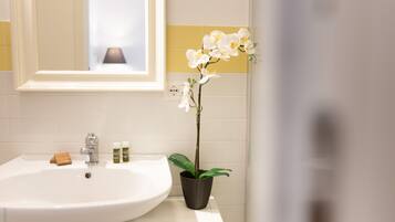 A bathroom with a white sink, a mirror, and a potted orchid.