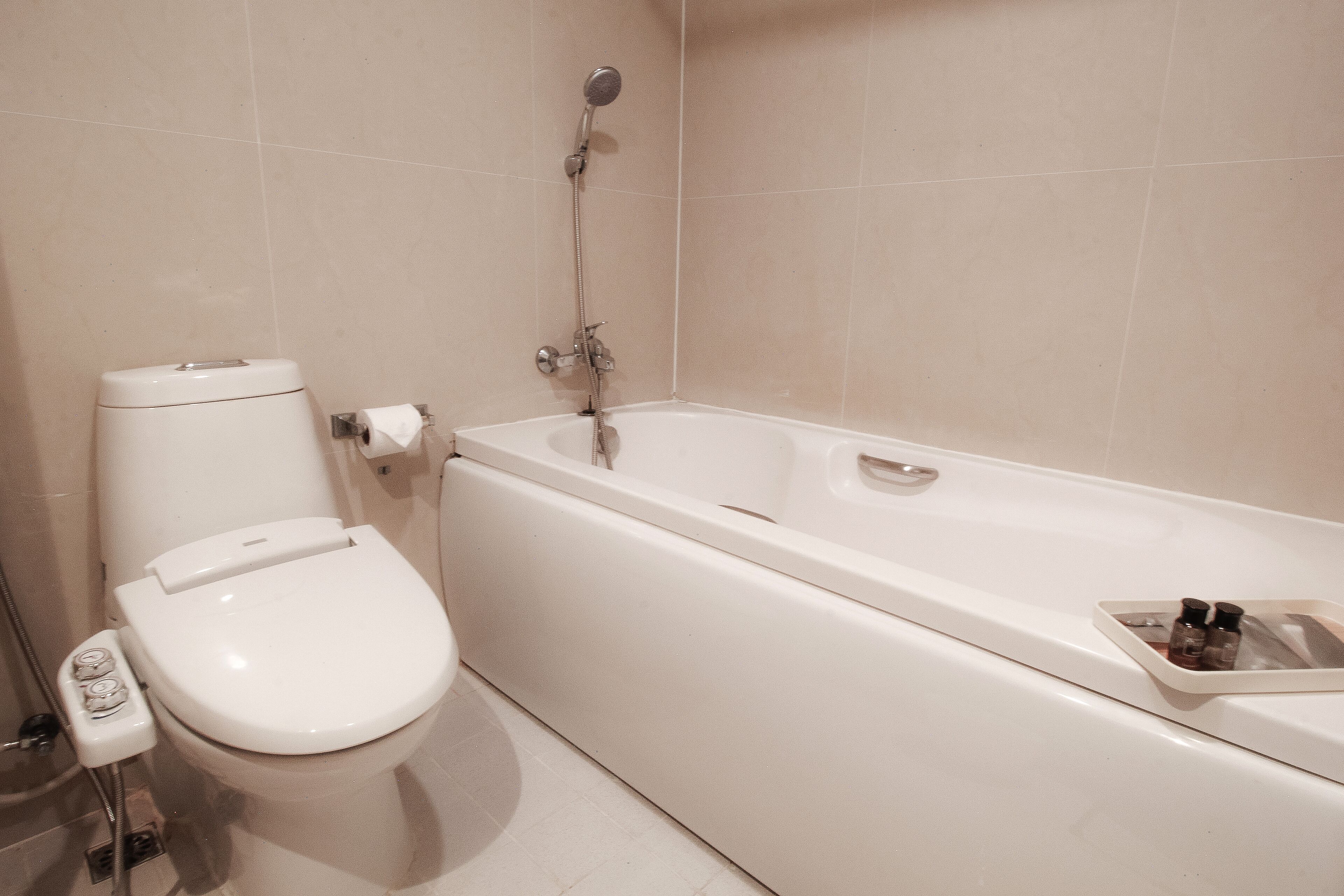 A bathroom with a toilet, a bathtub, and a shower.