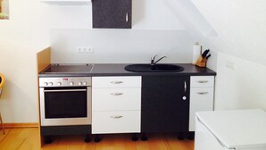 A compact kitchen with a stove, oven, sink, and a small refrigerator.