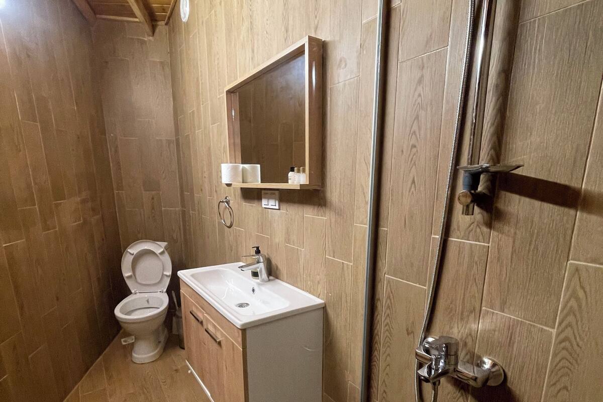 A bathroom with a wooden floor, a toilet, a sink, a mirror, and a shower.