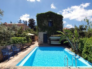 Outdoor pool, pool umbrellas, pool loungers