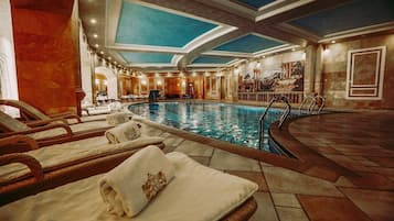 Indoor pool, outdoor pool, pool loungers