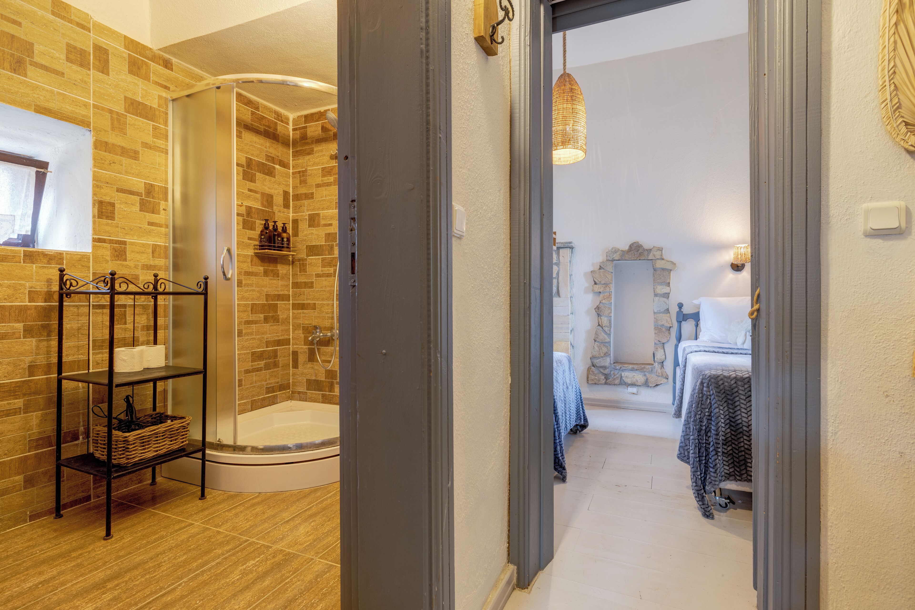 family room with veranda | bathroom | shower, free toiletries, hair dryer, slippers