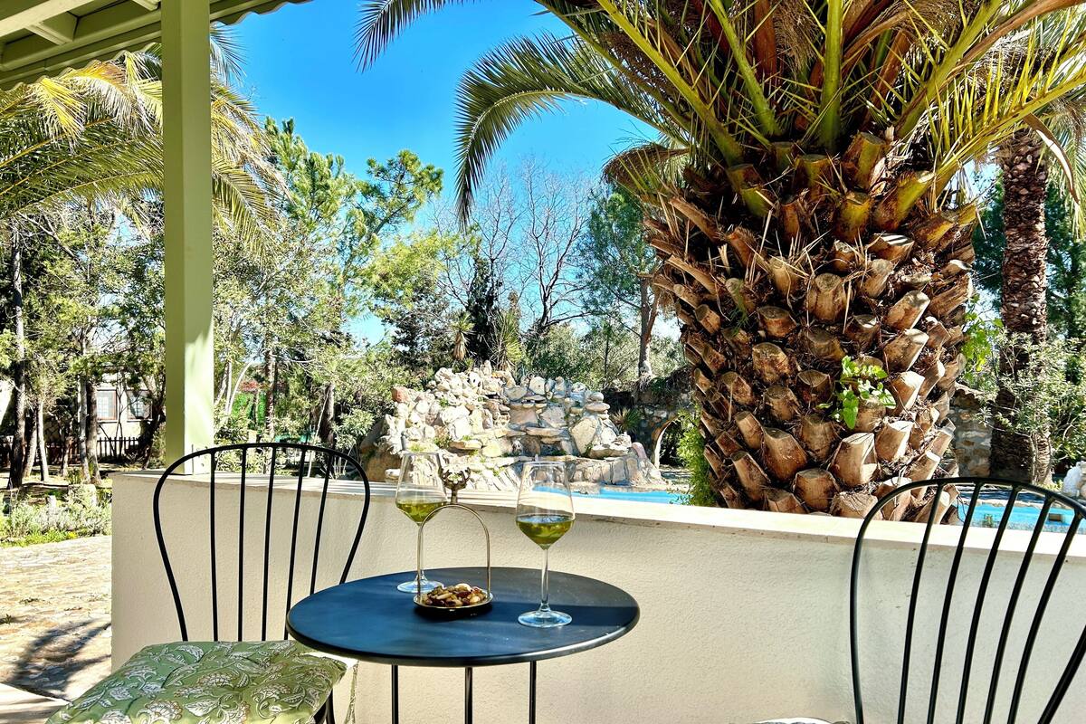 A patio with a table and chairs, a palm tree, and a pool in the background.