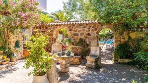 Un arco de piedra en un patio con plantas en macetas y mobiliario de exterior.