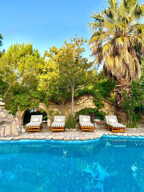 Una piscina al aire libre, sombrillas, sillones reclinables de piscina