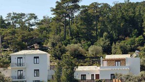 A two-story building with a balcony on the upper floor, surrounded by dense greenery and trees. - OLIVIA VILLAS (Ikaria)