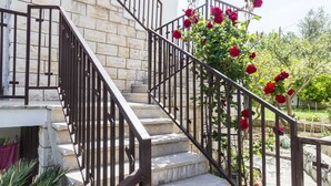 A staircase with a stone wall and a metal railing, leading to a garden with red roses. - Cina Apartments (Konavle)