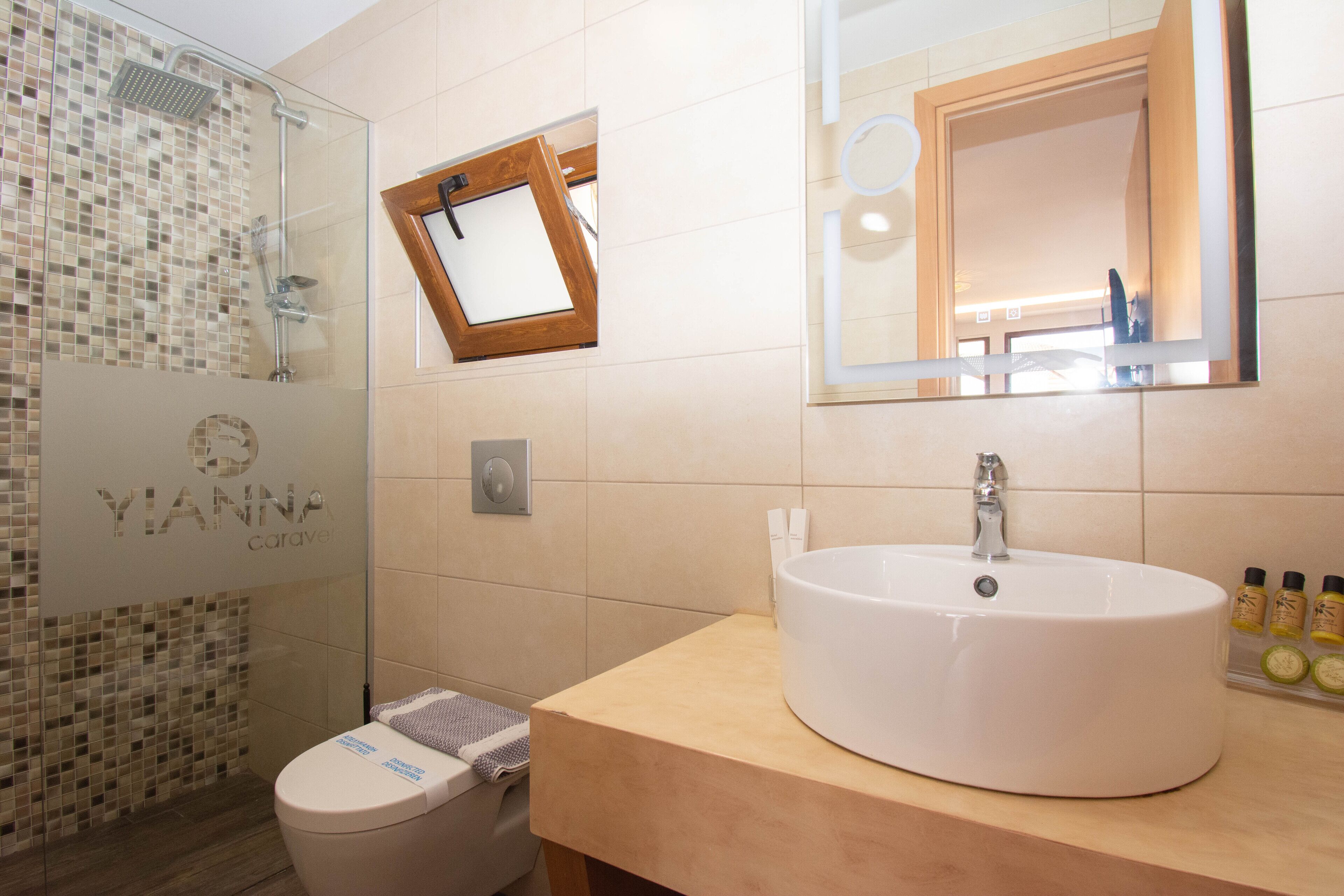 Une salle de bain avec une douche à parois de verre, des toilettes, un lavabo avec un miroir au-dessus et des articles de toilette posés sur le lavabo.