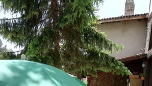 An outdoor patio with wooden tables and chairs, a green umbrella, and potted plants. - Arifbey Konak Hotel (Safranbolu)