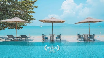 2 outdoor pools, open 8:00 AM to 7:00 PM, pool umbrellas, pool loungers