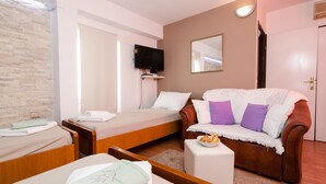 A bedroom with two beds, a sofa, a flat-screen TV, and a mirror on the wall. - Guest House Cuk (Dubrovnik)