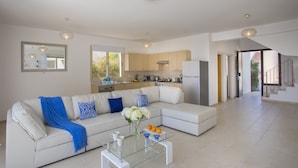 Deluxe Villa, 4 Bedrooms, Beachfront | Living room - Mazotos Villa Iris (Mazotos)