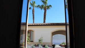 A view through a window of a building with two palm trees, a tiled roof, and a small garden with various plants.